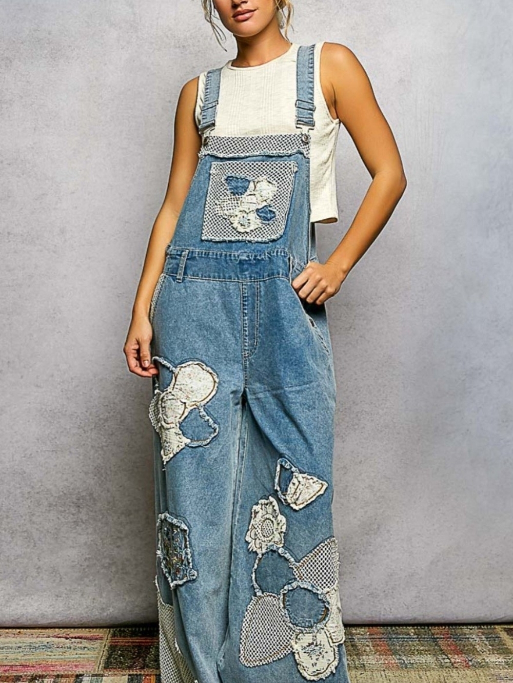 POL. Embroidery Floral Patchwork Buckle Back Woven Denim Overalls. NWT. M & L